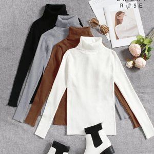 EMERY ROSE  Solid Turtleneck Ribbed Knit Sweater ( 1 piece brown color)